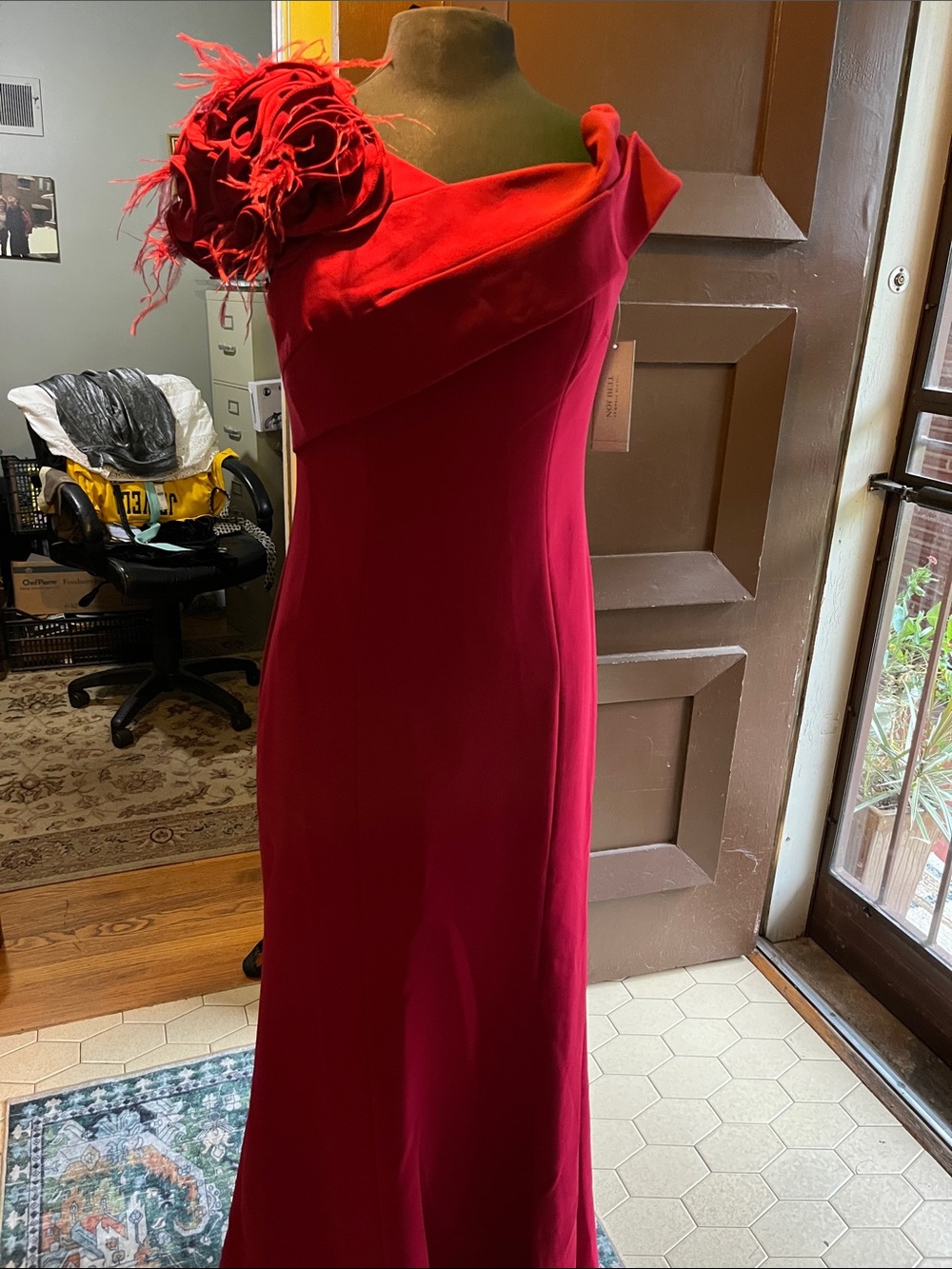 Teri Jon Red One-Shoulder Evening Gown with Floral Feather Accent